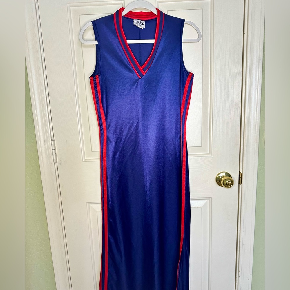 Vintage 80s varsity maxi dress SZ Medium color navy/red